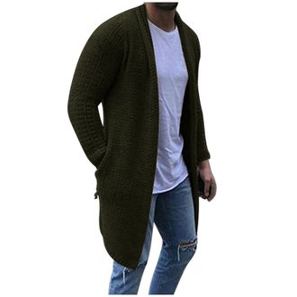 Generic Mens Long Cardigans with Side Pockets Lightweight Open Front Jumper Breathable Long Sleeve Knitwear Chunky Knit Jacket Coat Plain Ribbed Sweater Warm 