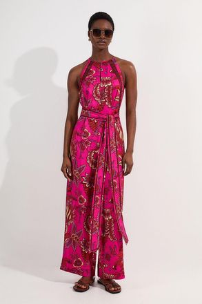 Karen Millen Womens Viscose Floral Print Linen Lace Trim Insert Woven Halter Neck Jumpsuit - Fuchsia - Size 10 UK