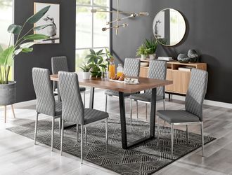 Furniturebox Kylo Large Brown Wood Effect Dining Table & 6 Milan Chrome Leg Faux LeatherChairs in Grey