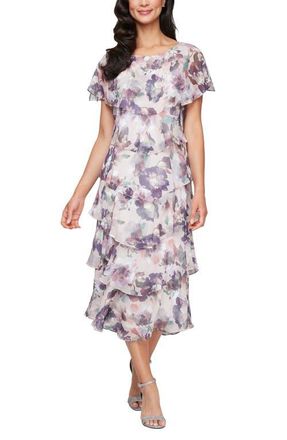 S.L. Fashions Metallic Floral Tiered Ruffle Cocktail Dress in Blush Multi at Nordstrom, Size 14P