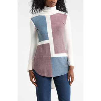 Go Couture Turtleneck High-Low Tunic Sweater in Ivory Color Block at Nordstrom Rack, Size X-Large
