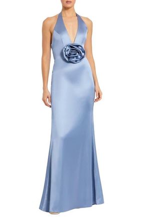 Mac Duggal Womens Fitted Satin Sleeveless V Neck Gown With 3D Flower in Slate Blue at Nordstrom, Size 12