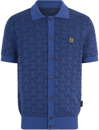 Philipp Plein Polo Shirt met Knoopsluiting Jacquard Monogram - Heren - Korte mouwen Overhemden - Blauw - L - Wol - Overhemden