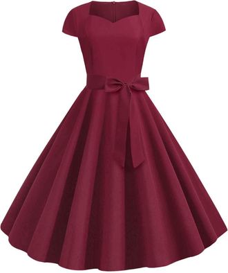 Generic Women 1950s Vintage Retro Rockabilly Dress V Neck Cap Sleeve A Line 50s 60s Solid Colour Swing Party Cocktail Dresses Elegant Formal Dress for Cocktai