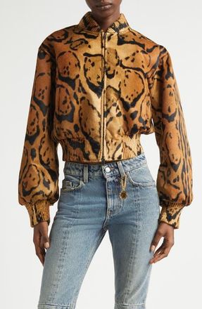 Stella McCartney Cloud Leopard Crop Velveteen Bomber Jacket in Multicolor Brown at Nordstrom, Size 6 Us