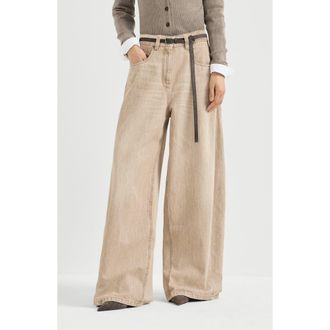 Brunello Cucinelli Authentic denim wide trousers with monili in Sand at Nordstrom, Size 48