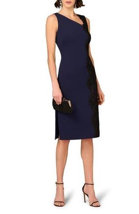 Adrianna Papell Lace Trim Crepe Midi Cocktail Dress in Navy/Black at Nordstrom Rack, Size 16