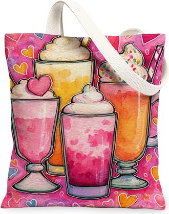 Generic Fanciful Drinks Canvas Tote Bags, Artistic Beverage Pattern Reusable Grocery Bags, Lightweight Washable Shoulder Strap Tote, Peach, 13x15 Inch
