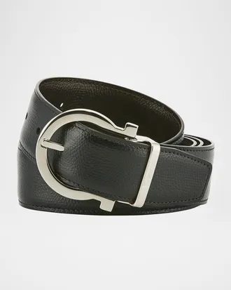 Ferragamo Men & apos;s Stamped Leather Gancio Buckle Belt
