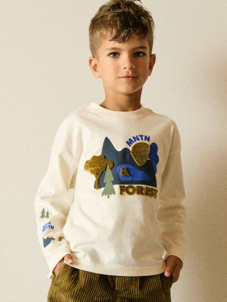 Vertbaudet Langarmshirt f&uuml;r Jungen mit Relief-Print wollwei&szlig;