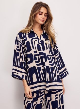 Icone Womens Geometric pattern Johnny collar loose blouse