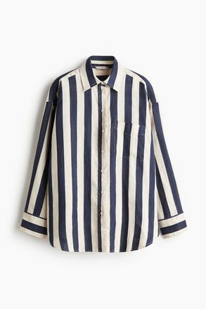 H&M Oversized Hemdbluse aus Leinen - Marineblau/Gestreift