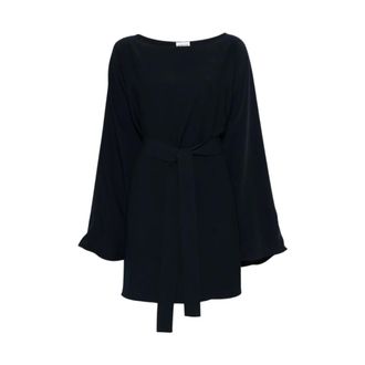 P.A.R.O.S.H. Kimonos, female, Blue, Size: XS Belted Waist Long-Sleeve Boat Neck Dress