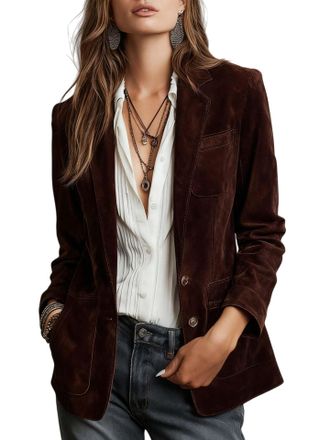 Generic Womens Faux Suede Blazer Jacket Fall Winter Vintage Slim Fit Two Button Dressy Suit Jacket Boyfriend Faux Leather Coat Trendy Old Money Office Work Ou