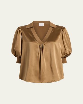 Cinq &agrave; Sept Weldon Collared V-Neck Short-Sleeve Silk Combo Top