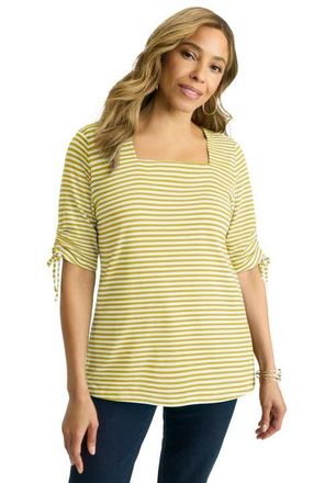 Jessica London Stretch Cotton Tie Sleeve Square Neck Tee in Citrus Feeder Stripe at Nordstrom, Size Medium