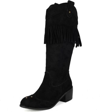 Generic Womens Western Boots with Fringe, 5Cm Block Heel Suede Knee-High Boots with Stud Details Comfortable Cowboy Boots Large Size Round Toe Slip-On Shoes f