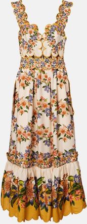 Farm Rio Floral scalloped linen-blend midi dress