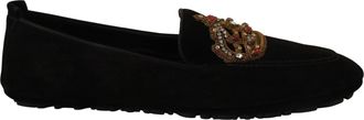 Dolce & Gabbana Mens Black Leather Crystal Gold Crown Loafers Shoes - Size EU 39