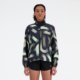 New Balance Womens London Edition Printed NB Athletics Woven Jacket in Black Polywoven, size Medium