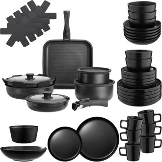 TecTake Set b&aacute;sico de cocina para 6 personas, 47 piezas, gris/negro