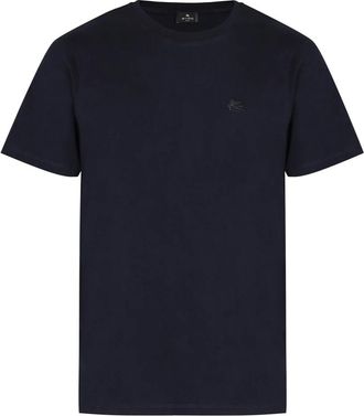 Etro Ribgebreide Kraag Katoenen T-shirt met Ronde Hals - Heren - T-shirts - Blauw - M - Katoen - Tops