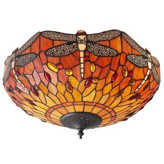 Loops Tiffany Glass Semi Flush Ceiling Light Flame Dragonfly Inverted Shade i00045 in Clear