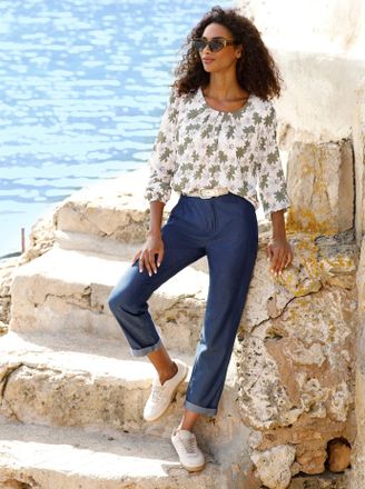 Heine Schlupfbluse HEINE, Damen, Gr. 34, wei&szlig;, oliv, bedruckt, 100% Polyester, bedruckt, gebl&uuml;mt, gemustert, mehrfarbig, Rundhals, Blusen Schlupfbluse