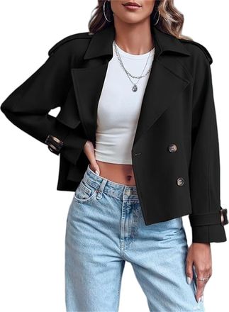 Generic Women Crop Double Breasted Trench Coat Oversized Double Breasted Lapel Long Sleeve Short Jacket Fashion Outerwear (Black,S)