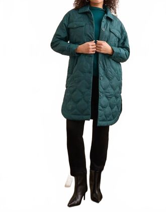 Tribal Long Quilted Button-Up Jacket With Pockets In Opal Green