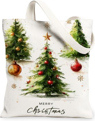 Generic Christmas Tree Canvas Tote Bags, Holiday Green Design Reusable Grocery Bags, Lightweight Washable Eco-Friendly Shoulder for Gifts Travel 13x15 Inch