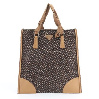 Prada Black Brown Leather Canvas Handbag Tote Bag (Pre-Owned)