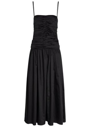 Tove Amina Gathered Cotton Midi Dress - Black - 38 (UK10 / S)