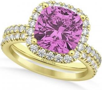 Allurez Lab Pink Sapphire & Lab Grown Diamonds Cushion-Cut Halo Bridal Set 14K Yellow Gold (3.38ct)