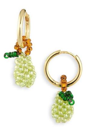 Pura Utz Beaded Charm Drop Hoop Earrings in Green /Brown at Nordstrom Rack
