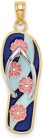 Diamond2Deal 14k Yellow Gold Rhodium 3D Enamel Pink Flowers On Blue Stripes Flip-Flop Charm