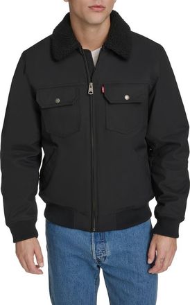 Levi's Water Resistant Faux Shearling Collar Canvas Bomber Jacket in Black at Nordstrom Rack, Size Xx-Large
