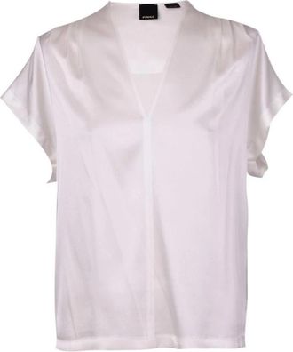 Pinko V-hals Top van Zijdemix met Korte Mouwen - Dames - Blouses - Wit - L - Overhemden