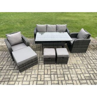Fimous 8 Seater Rattan Outdoor Garden Furniture Set Rectangular Dining Table and Chair Sofa Set With 3 Footstools Dark Grey Mixed - Fimous