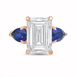 Diana M. Jewels 18kt rose gold lab grown 6ct emerald diamond ring with sapphire pears on the sides