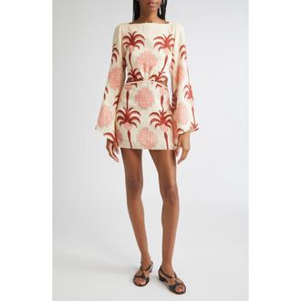 Johanna Ortiz Wave After Wave Long Sleeve Linen Minidress in Ecru /Paprika/Light Pink at Nordstrom, Size 8