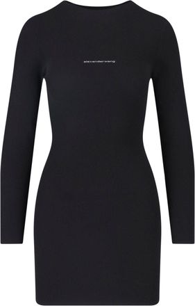 Alexander Wang Fitted Black Mini Dress With Round Neckline And Front Logo Detail