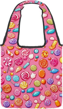 Generic Pink Candy Pattern Reversible Canvas Shoulder Tote - Double-Sided Print, 12oz Cotton, 27cm Drop, Fold-Flat Bag for Travel, Shopping, Street Outings