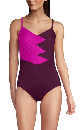 Lands End Slender Suit V-neck Pleated X-back One Piece Swimsuit Adjustable Straps in Crimson Rose/wine at Nordstrom, Size 10