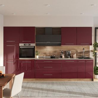Vicco Mueble De Cocina Fame-line, Rojo Burdeos Alto Brillo/roble Dorado, 340 Cm Sin Encimera, Vicco