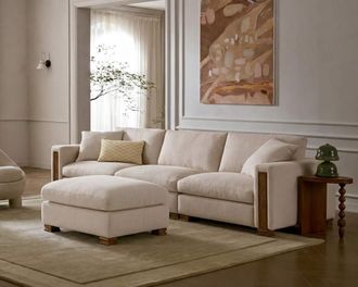 Castlery Tan France Kagan Extended Sofa with Ottoman, Basketweave Cream, Modern Heritage Modular Sofa, Castlery