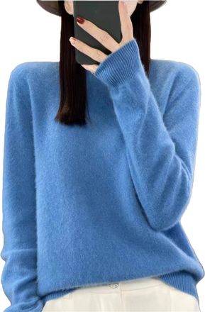 Generic Cashmere Sweater for Women Long Sleeve Crew Neck Soft Warm Pullover Lightweight Knit Top Solid Color Long Sleeve Casual (Mist Blue,S)