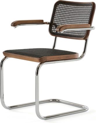 Thonet S 64 V Armlehnstuhl, Chrom / Nussbaum / Rohrgeflecht mit Kunststoffst&uuml;tzgewebe dark melange