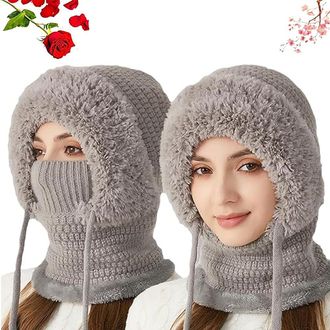 Generic 3 in 1 Beanie Hat with Scarf and Mask, 3 in 1 Beanie Hat for Women, One Size, Winter Snow Caps Plush Earmuff Hats (Gray)