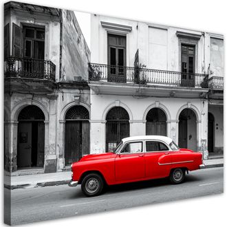 Feeby Cuadro En Lienzo, Coche Americano Rojo En Una Calle De La Habana, 100x70